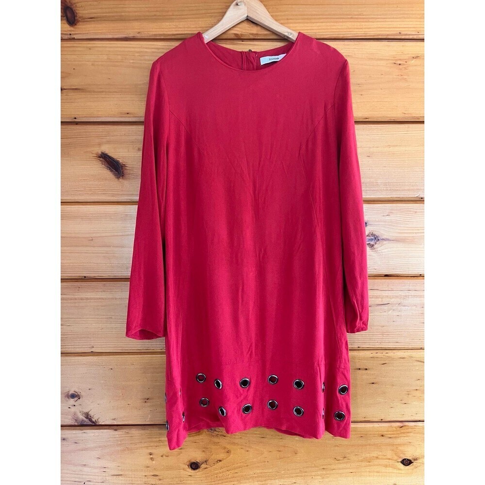 JustFab Red Crepe Round Neck Midi metal Art Hem Dress L